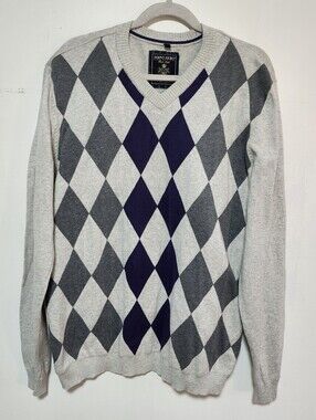 Point Zero Black Lable Collection Light Gray & Purple  Argyle V-Neck Sweater